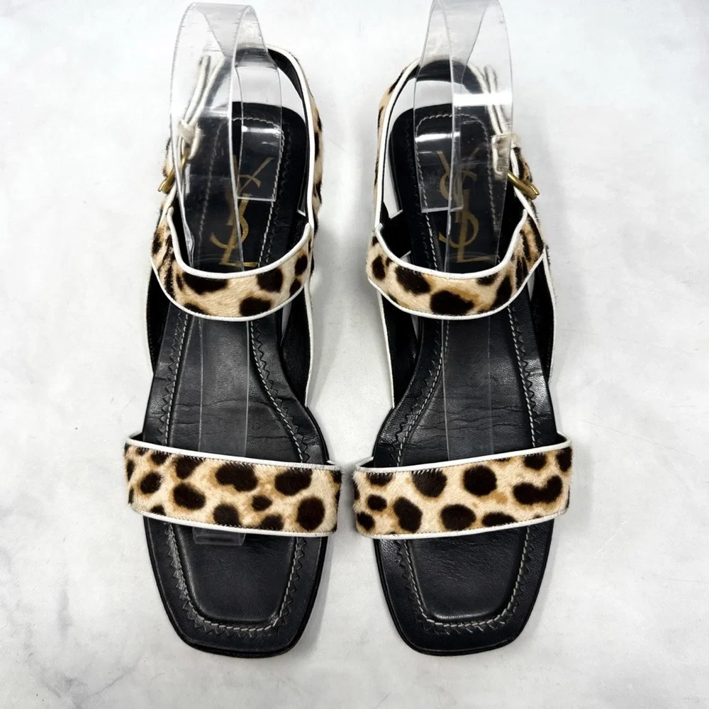 YSL Yves Saint Laurent Vintage Y2K Leopard Calf Hair Leather Flat Sandals Black